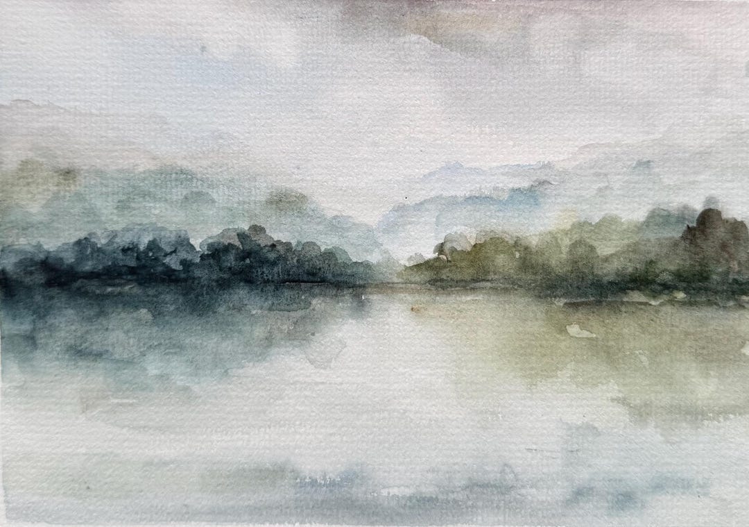 霧の湖の絵画：オリジナル水彩風景画（8 x 6インチ） - Etsy 日本
