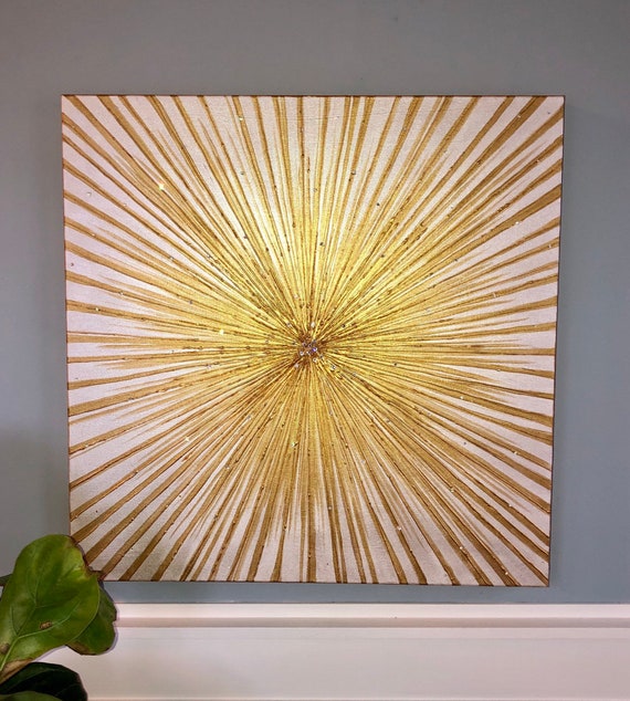 Gold Sunburst Canvas Wall Art With Swarovski Crystal, Modern