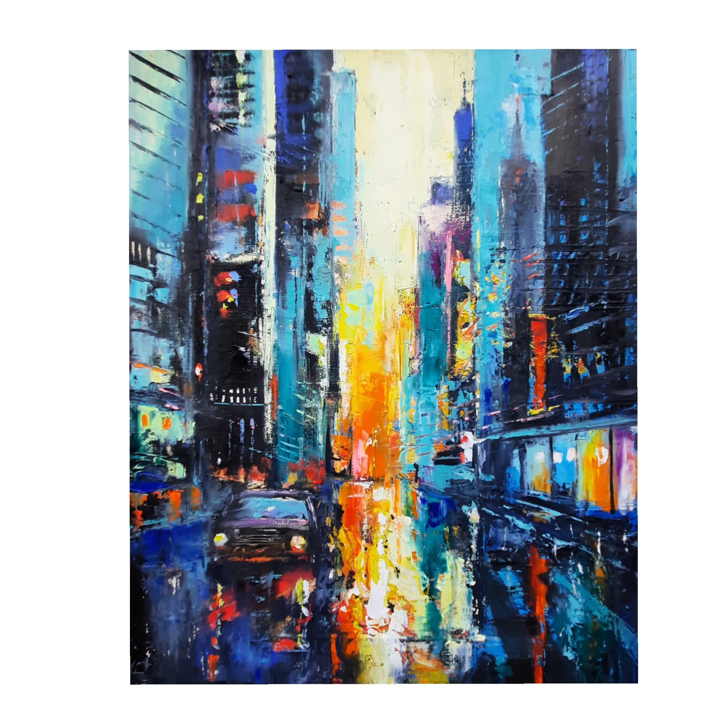 ニューヨークの街並みを描いた油絵：テクスチャーのあるパレットナイフ