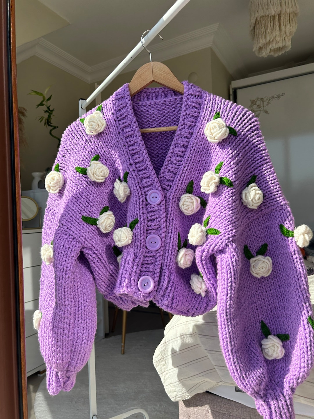 Lilac/ecru Roses Chunky Cropped Cardigan for Woman , Lilac Sweater