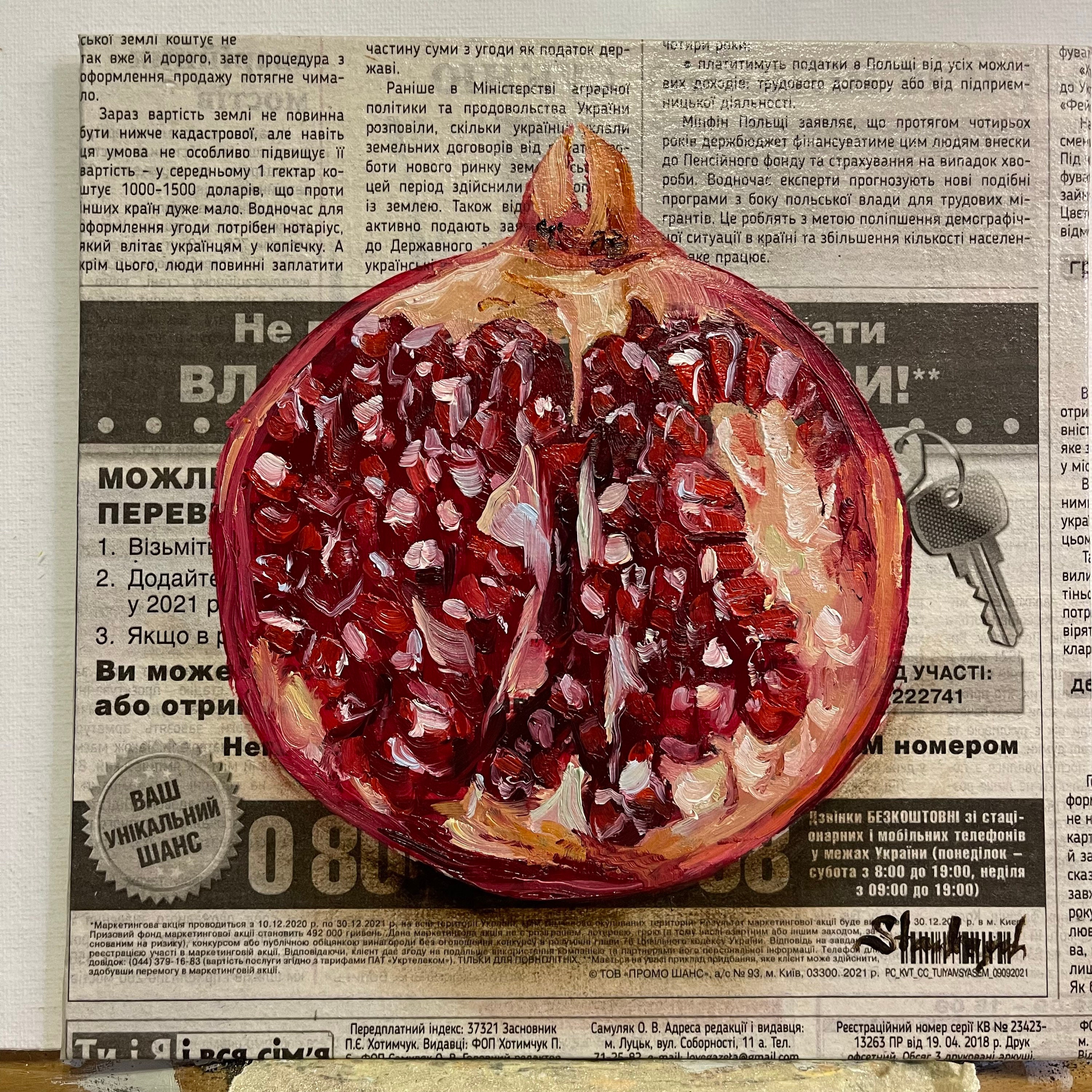 ザクロアート フルーツの絵画 オリジナル油絵 フルーツの壁画 新聞