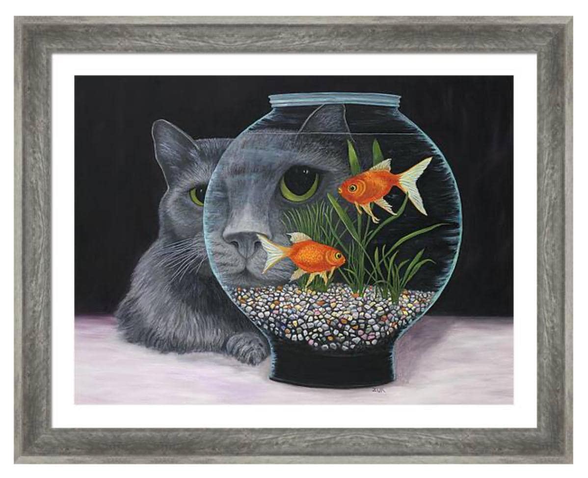 ロシアンブルーの猫のアートプリント、金魚鉢 – 気まぐれな猫好きへの