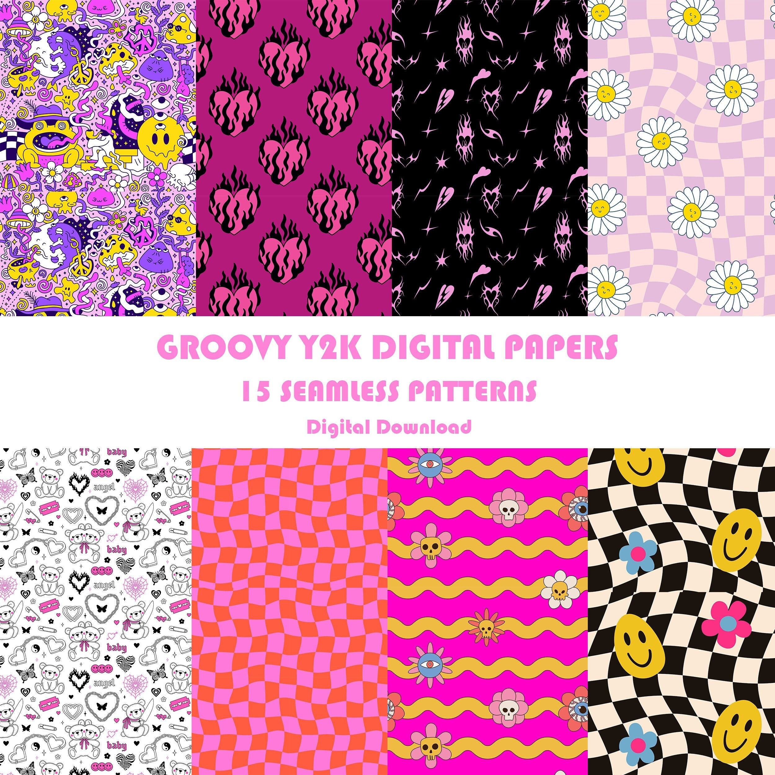 Retro Y2k Digital Papers | 15 Seamless Groovy Patterns Digital