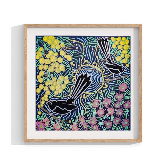 アボリジニの額入りプリント、鳥と花の壁アート、現代的な壁の装飾