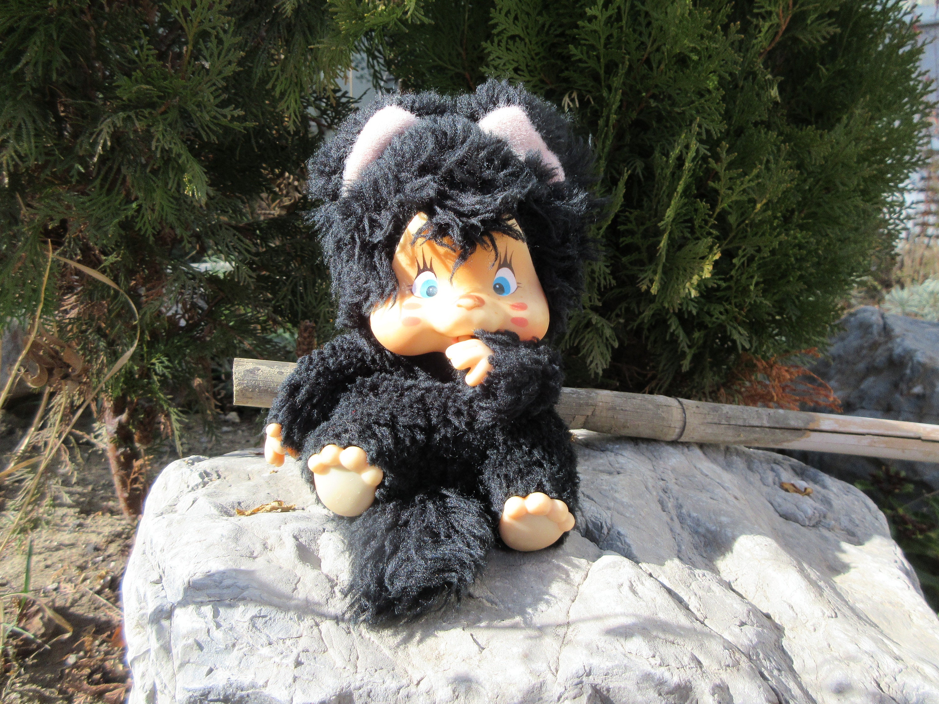 Vintage 1979s NYAMY Washino Black Kitten Monchhichi Doll, Thumb
