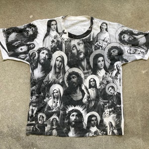 Vintage 1990s ARCHAIC SMILE Jesus Christ & Mary All Over Print T