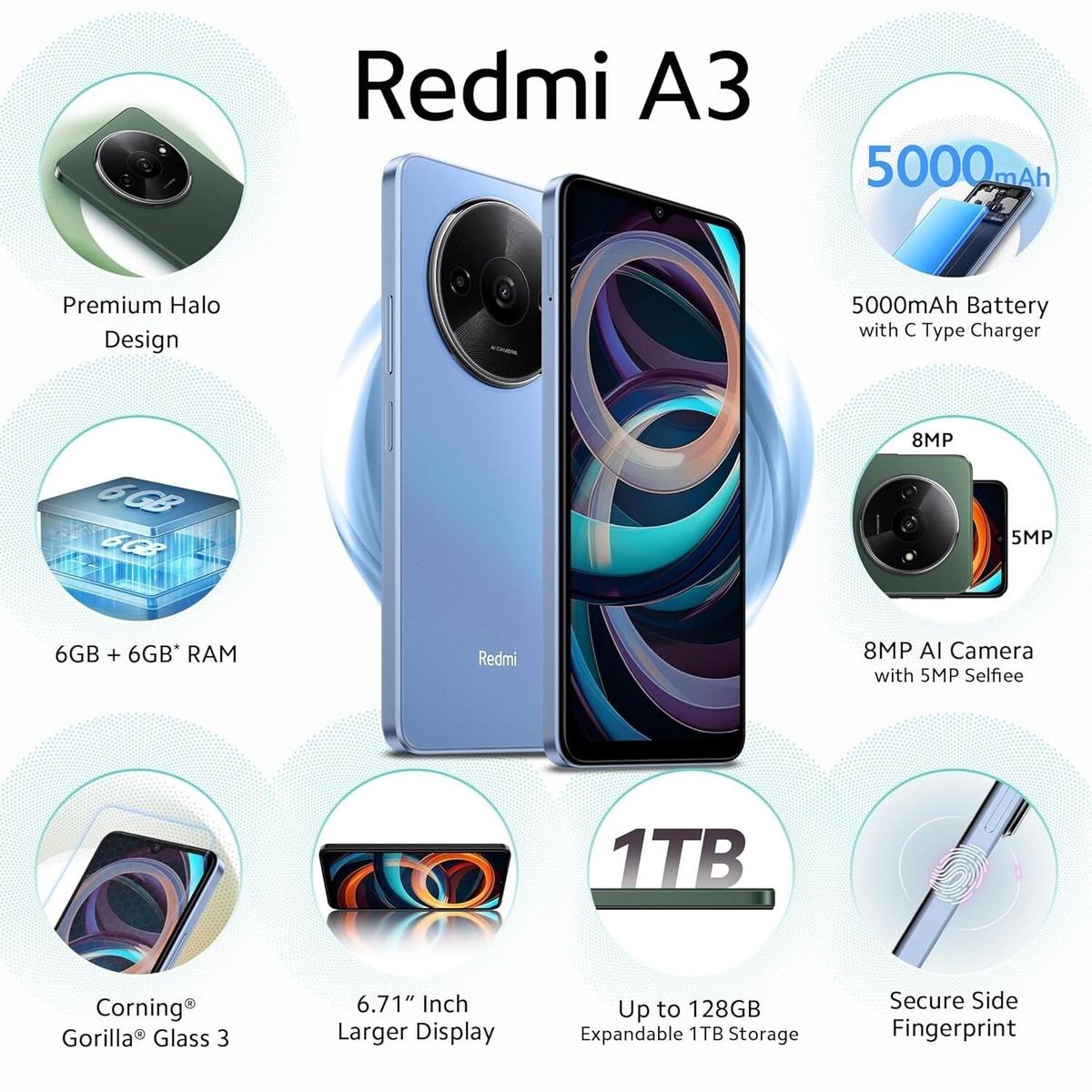 New Redmi A3 Factory Unlocked Dual SIM 90Hz Display 6GB RAM 128GB
