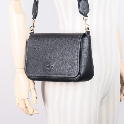Tory Burch Thea Black Pebbled Leather Flap Crossbody Shoulder Bag