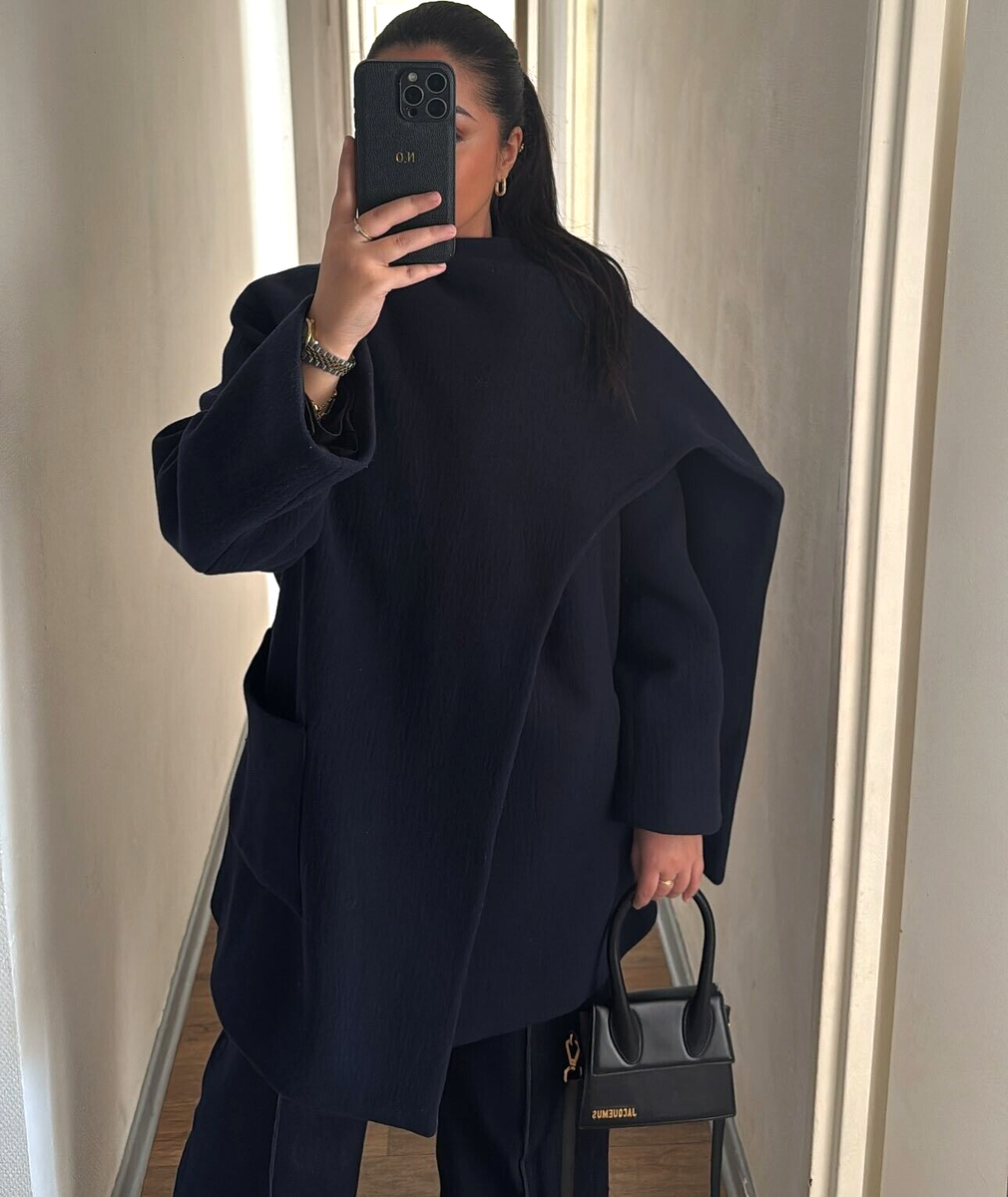 Zara ZW Collection Wool Blend Scarf Coat Navy Blue Size XS S M