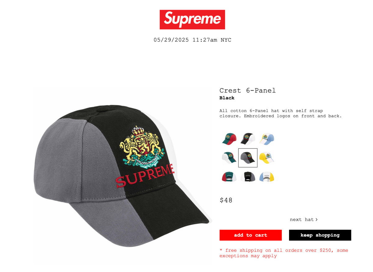 SUPREME CREST 6-PANEL (BLACK) SS25 5-PANEL CAMP CAP HAT ITALY | eBay