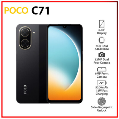New) Xiaomi POCO C71 3GB+64GB BLACK Dual SIM Unlocked Android Cell