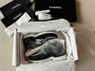 NIB 100%Auth CHANEL 23S Dark Gray Fabric & Suede Calfskin Sneakers