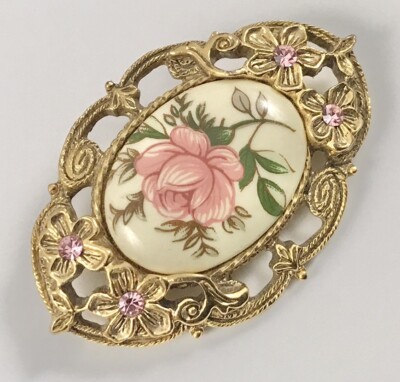 Vintage 1928 Victorian Revival Rose Brooch Pin Gold Tone Pink