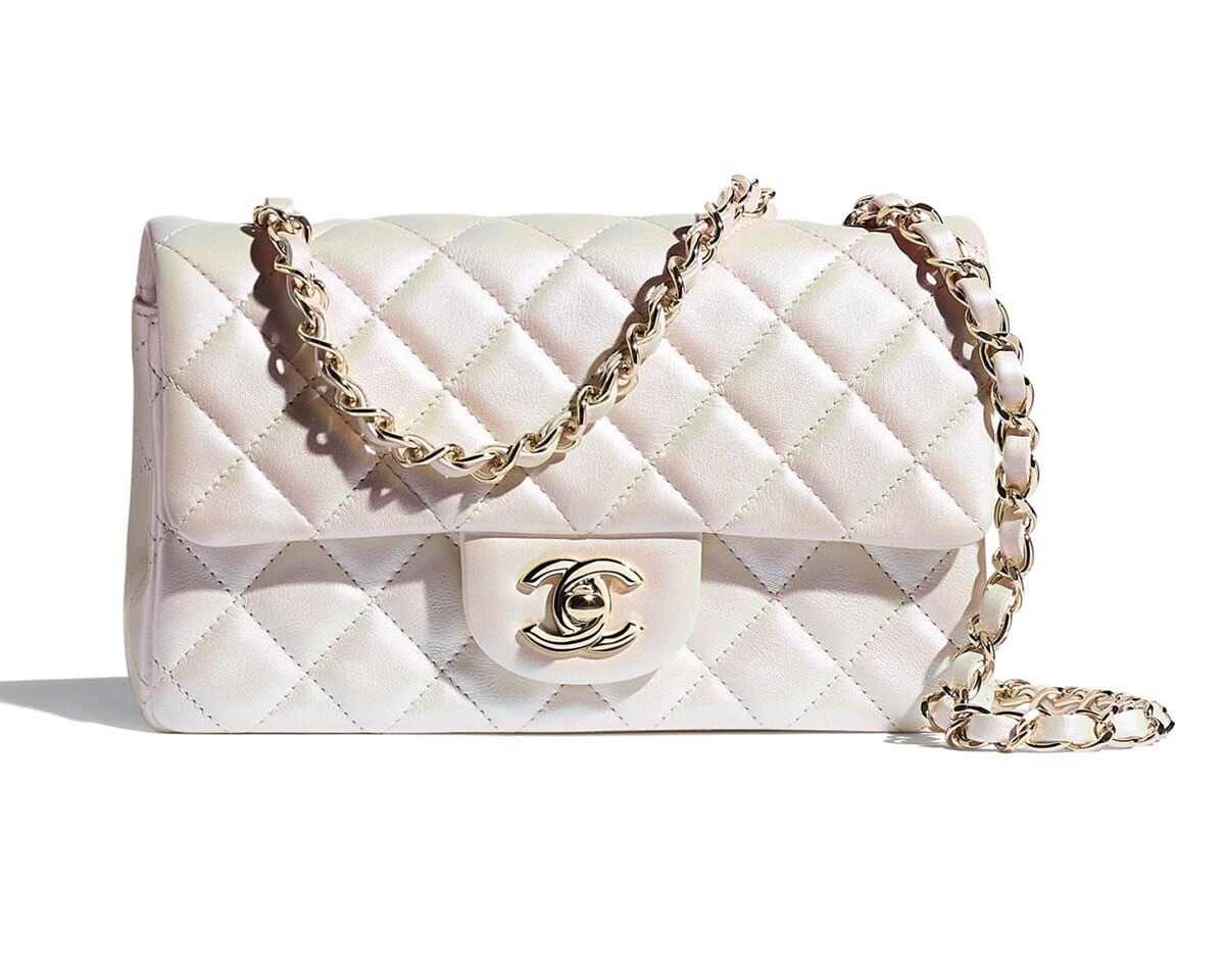 Chanel 21S Iridescent White Mini Flap Rectangle CC Quilted Chain