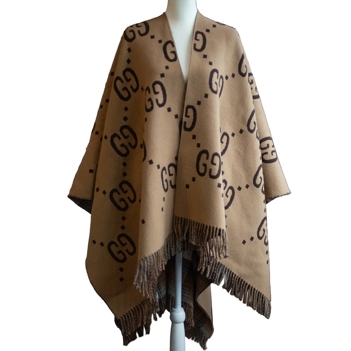 Gucci Wool Poncho Cape Reversible Check GG Logo 553118 Camel Brown