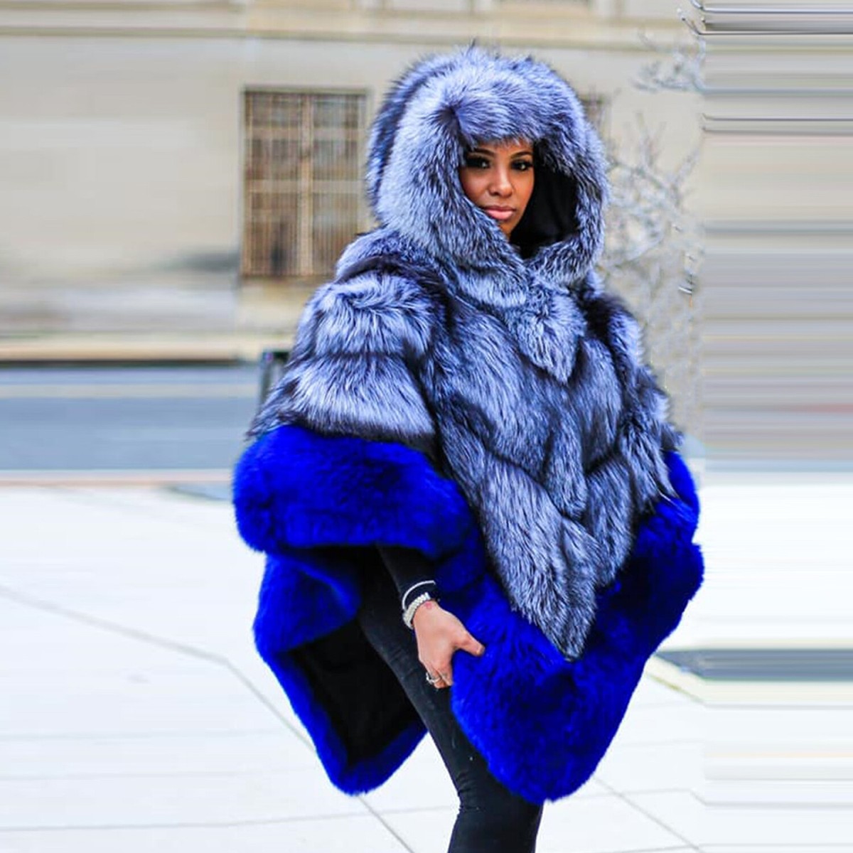 Multicolor Women Genuine Silver Fox Fur Cape Hooded Winter Poncho