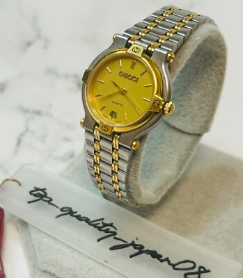 Auth GUCCI 9000L Gold Dial SILVER DATE VINTAGE SWISS MADE WATCH