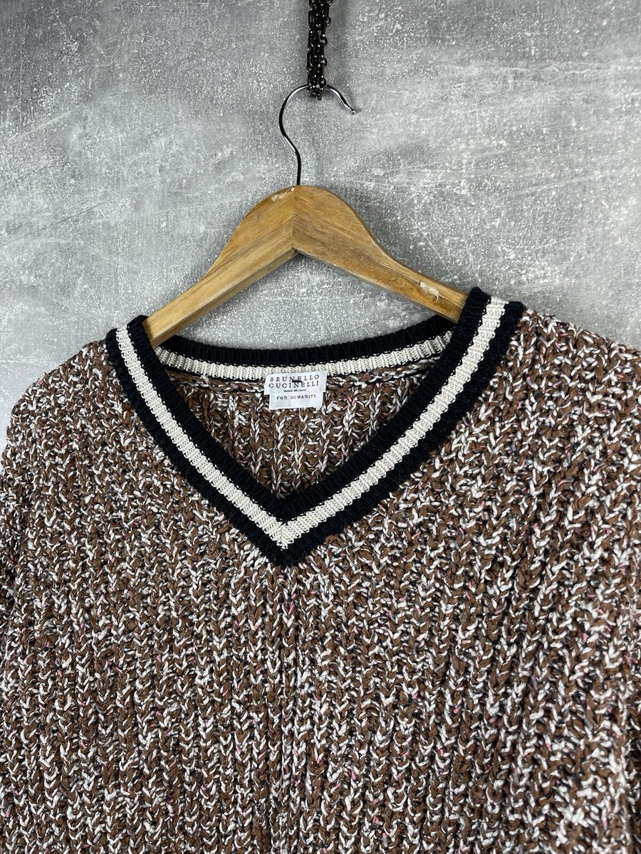 Brunello Cucinelli for Humanity Beige Cotton/Wool V Neck Sweater