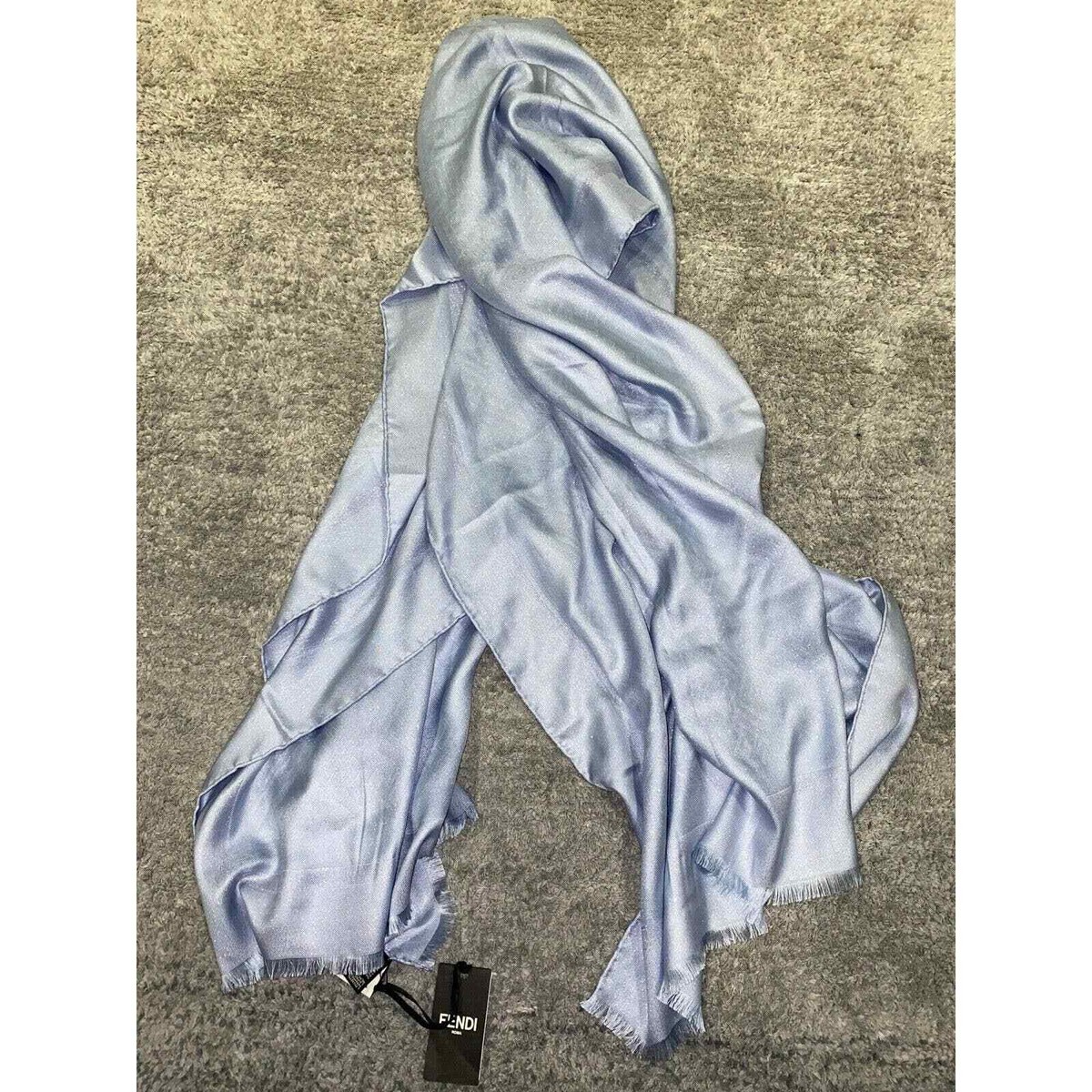 Fendi Blue Glitter FF Zucca Monogram Logo Silk Fringe Hem Wrap