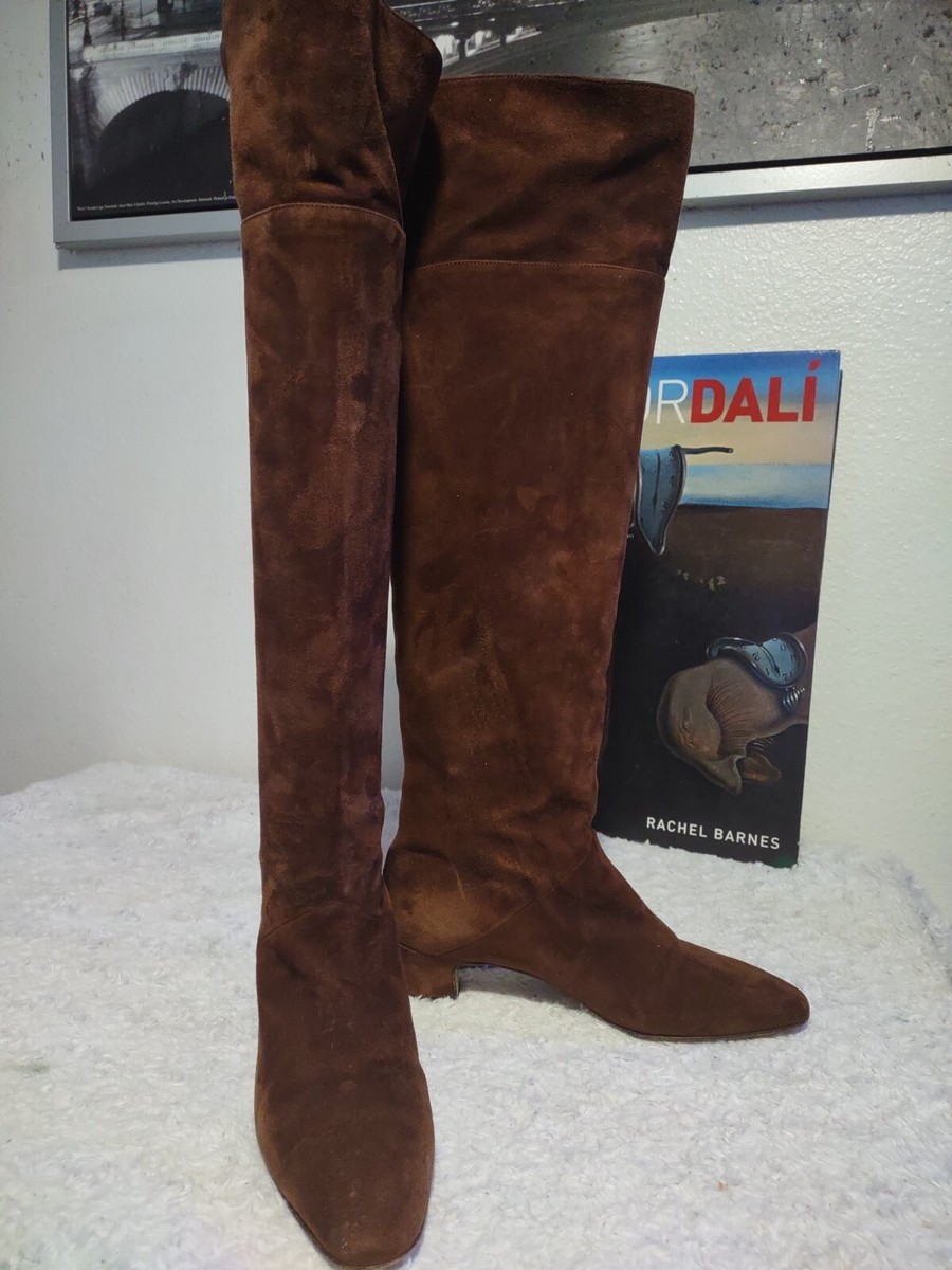 Japanese Designer Noriko Maeda Knee High Brown Suede Low Heel