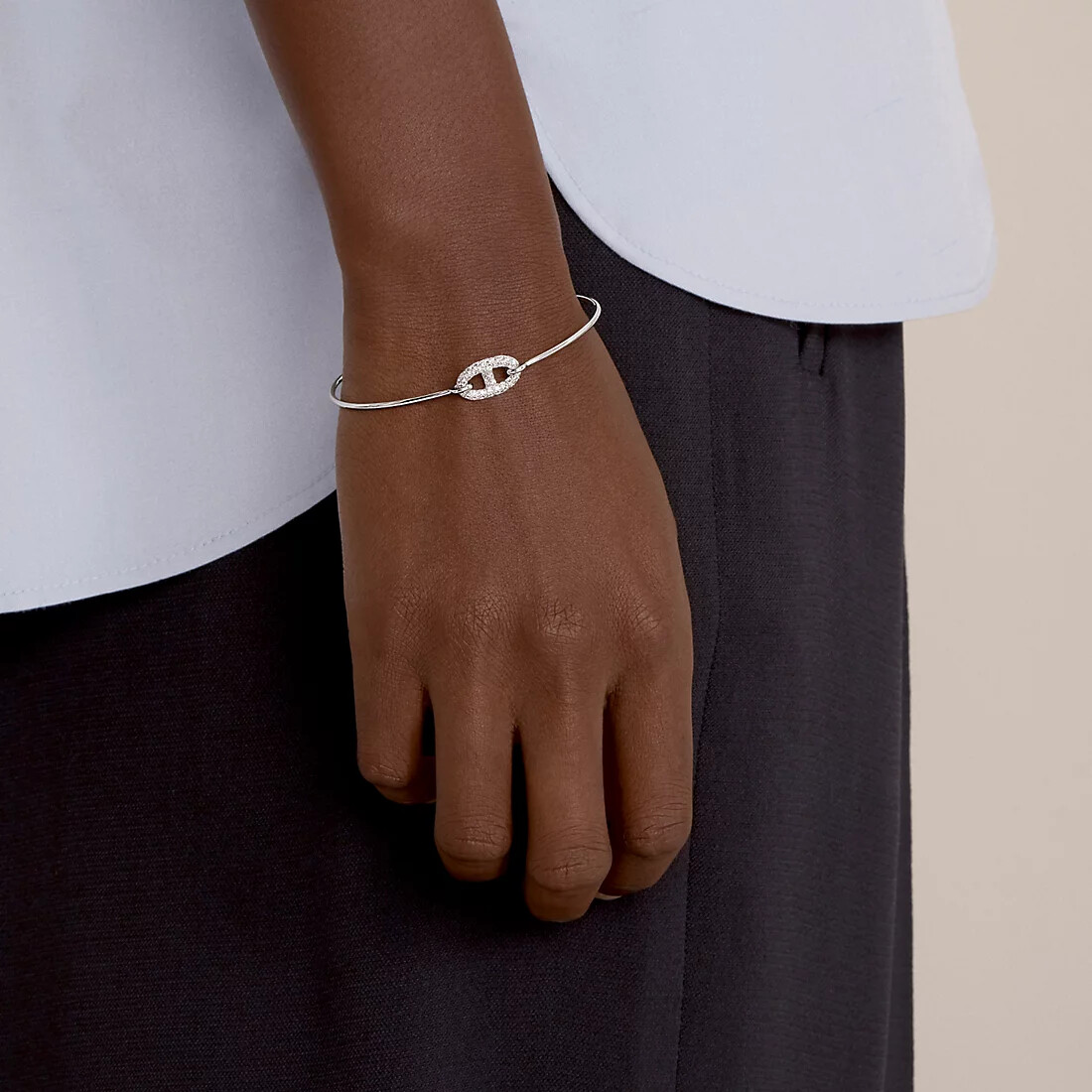 Authentic Hermes 18K White Gold Diamond PM Ronde Chaine d'Ancre