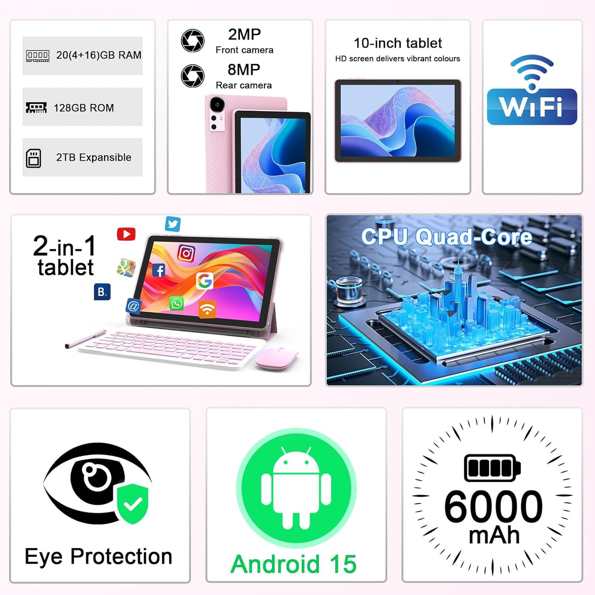 Android 15 Tablet 10 Inch, 20GB RAM+128GB ROM/ 2TB Expandable, 2.0