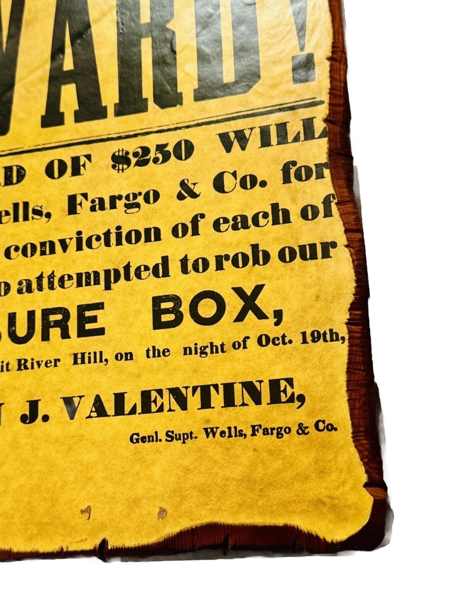 Vintage Wanted Reward Poster Wells Fargo Old West Outlaw On Wooden