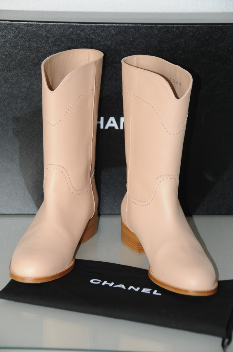 NEW CHANEL Ascot Light Beige Clair Leather Riding Flat BOOTS Big