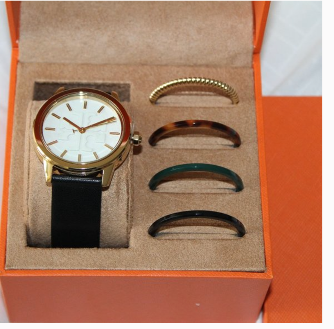 NIB TORY BURCH GIGI GOLD CASE BLACK LEATHER WATCH TOP RINGS GIFT