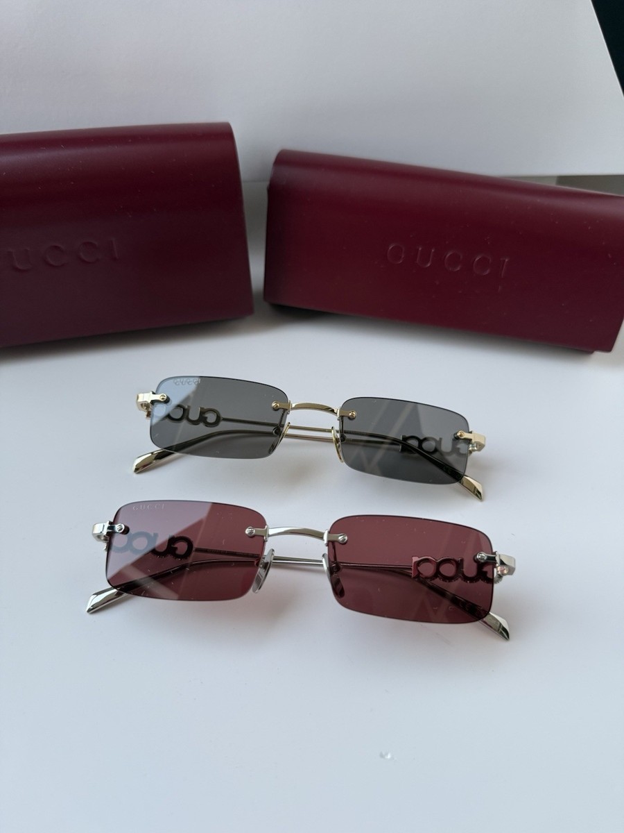 Gucci GG1808S 004 Silver Stones Red Lens Sunglasses Rimless Unisex