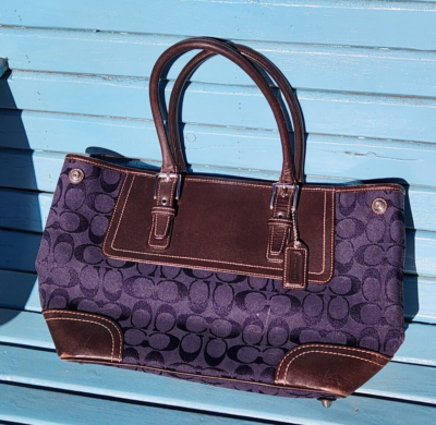 COACH 11220 Signature Pattern Blue Handbag Purse Brown Handles | eBay