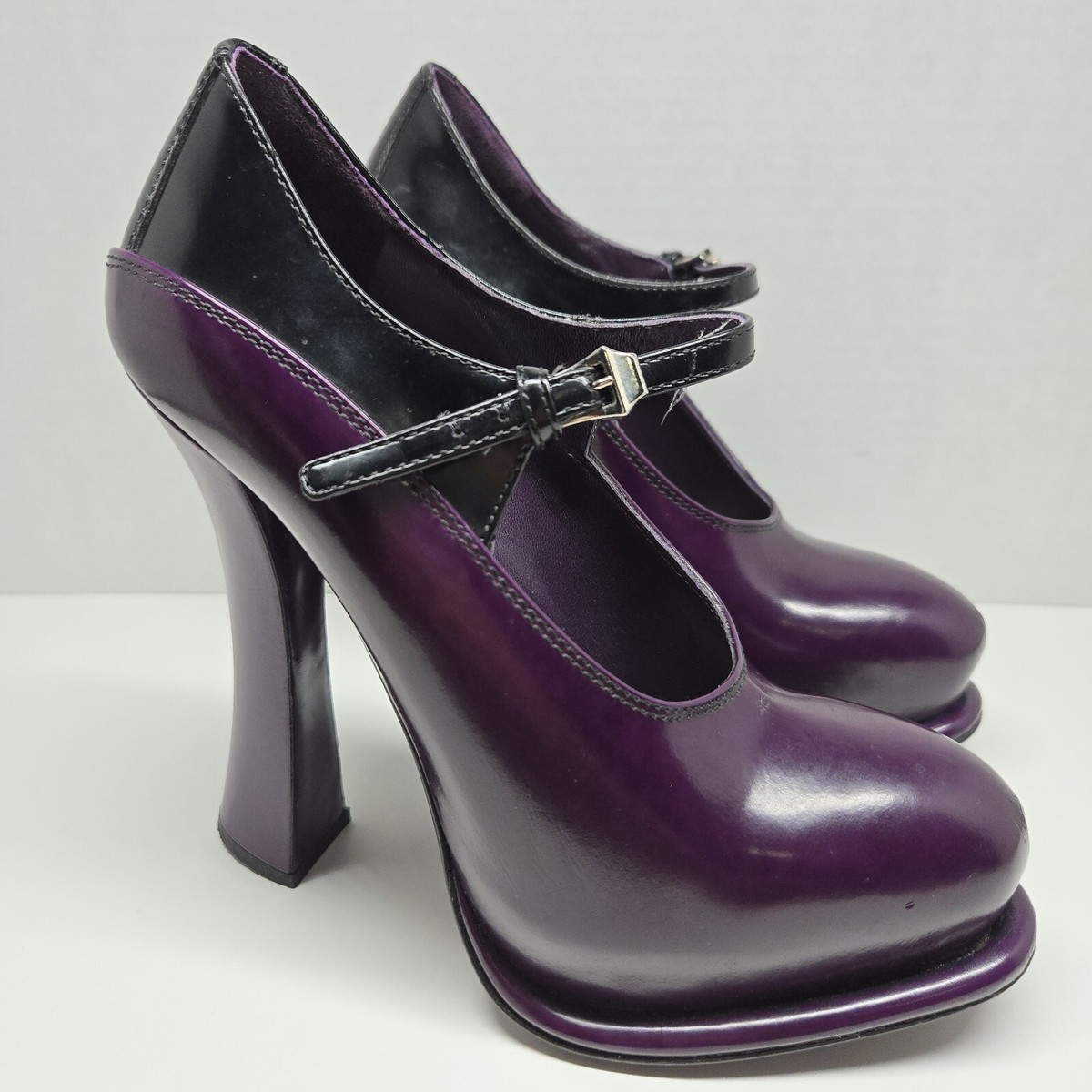 Prada Purple Black Patent Leather Strap Maryjane Heels Size EU 35