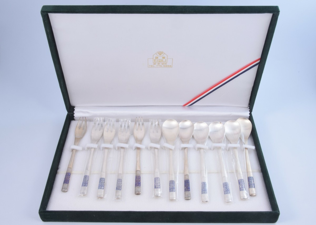 Korean 12-Piece AG800 Silver Spoon and Fork Blue Enamel Flatware