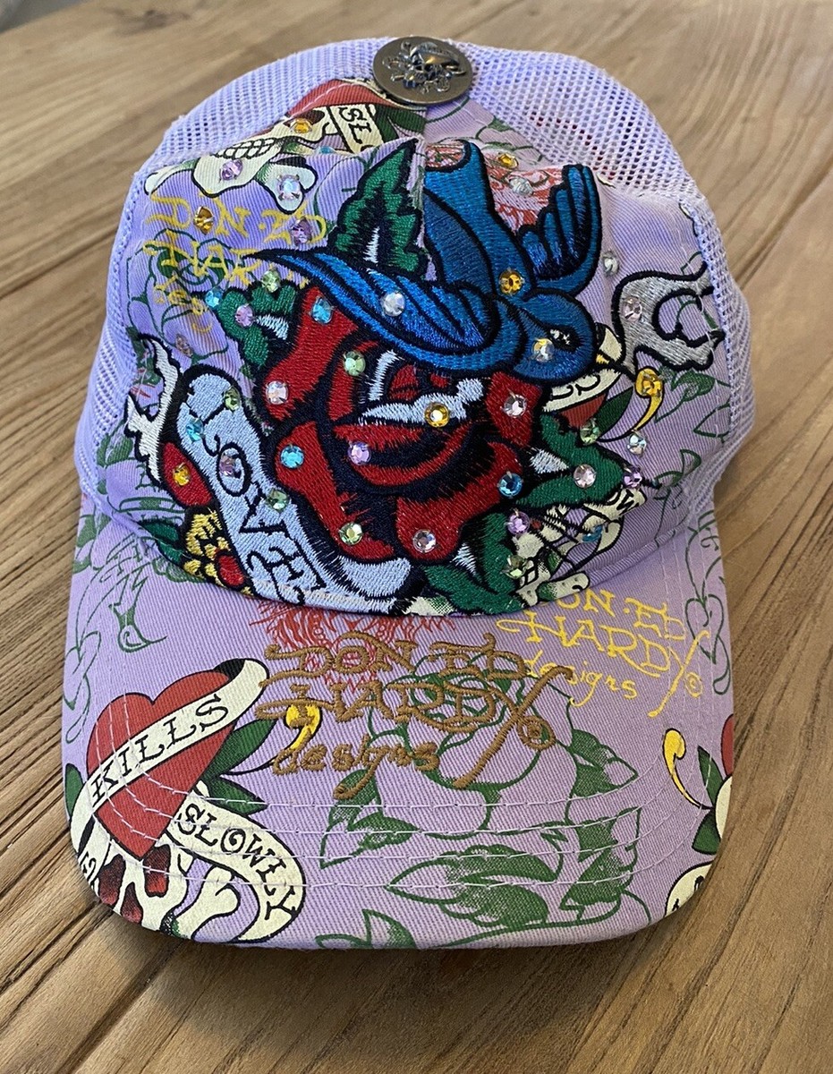 VTG Ed Hardy Christian Audigier Rhinestone Trucker Hat Love Kills