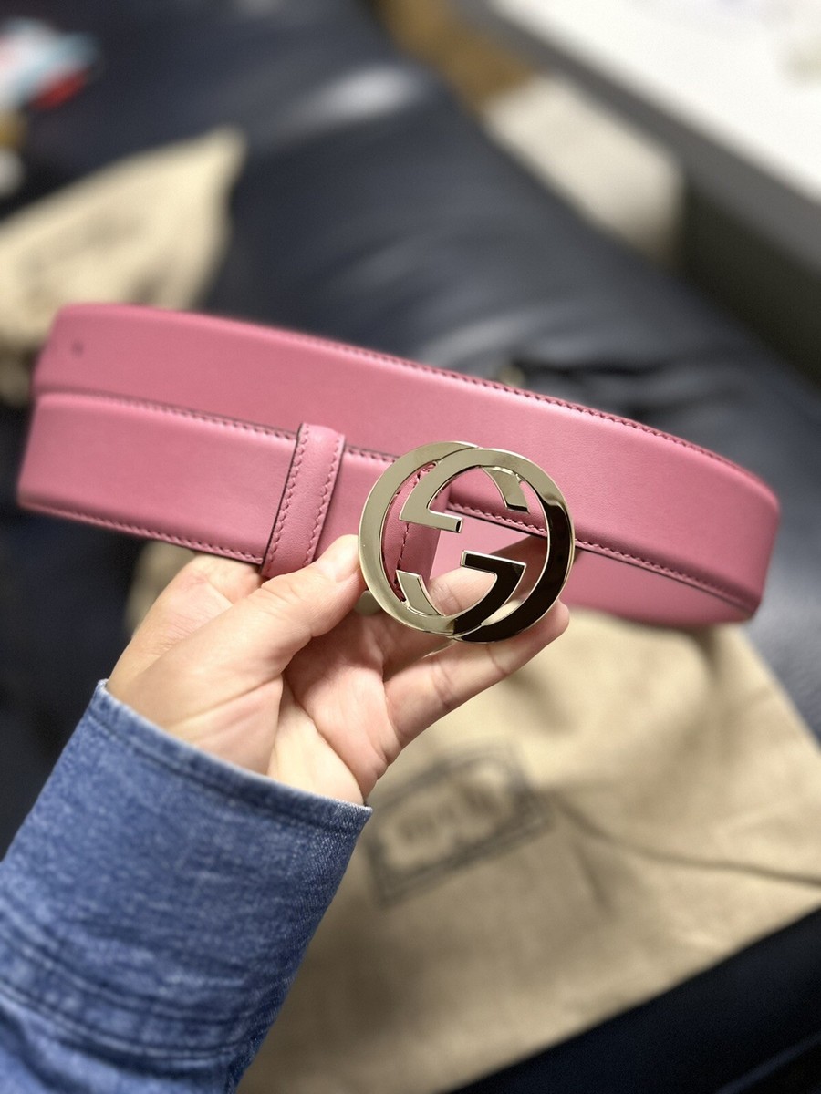 New Gucci Belt Leather Interlocking G Buckle Belt Pink Gold 546386