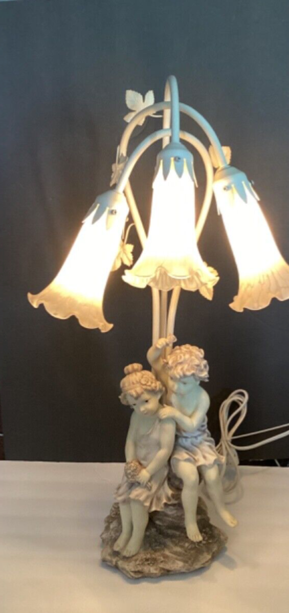 Vintage Boy & Girl Sculpture Victorian Art Deco Tulip Lamp VGC