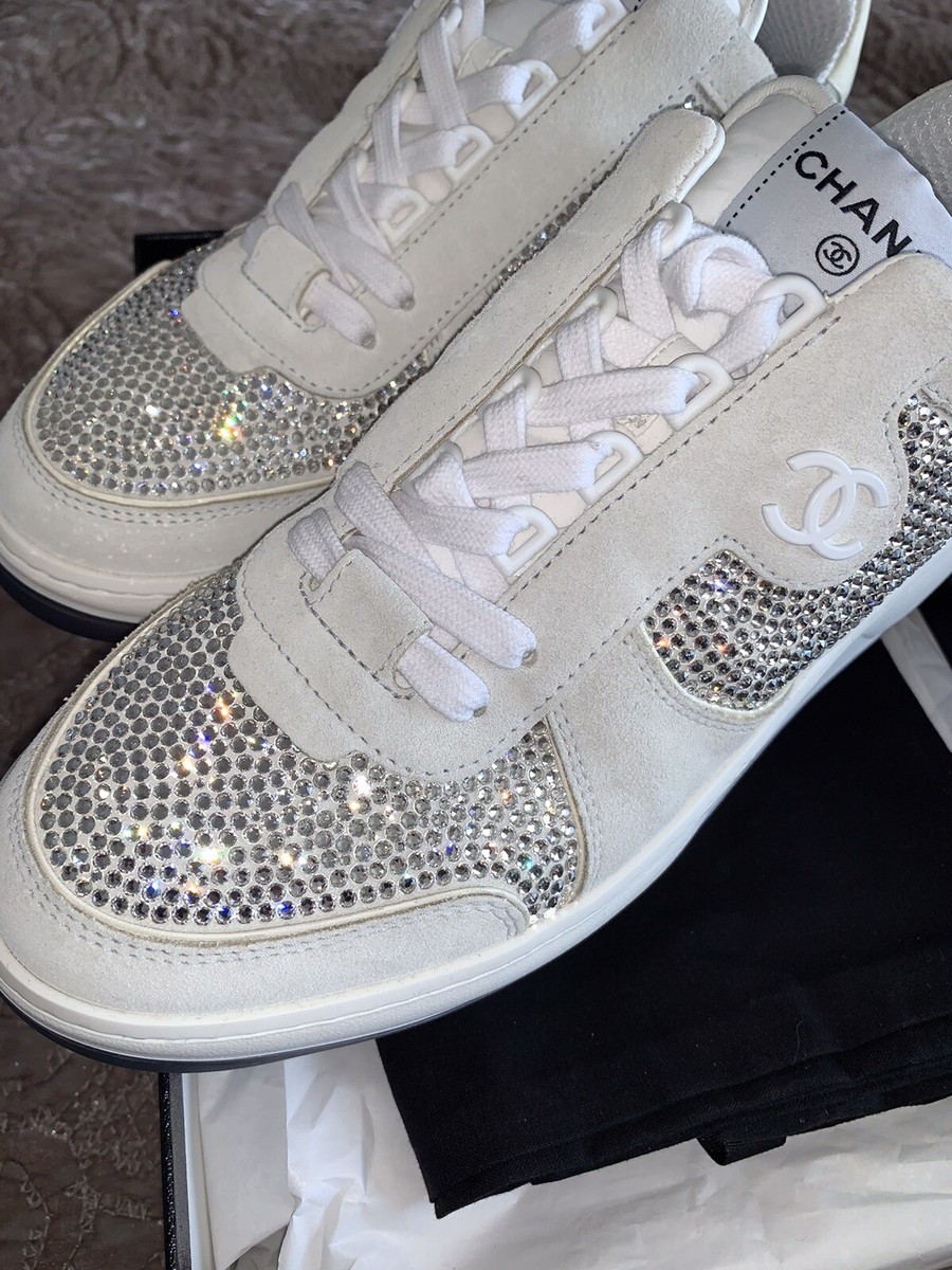 CHANEL 23C NEW TAGS SILVER GREY CRYSTALS CC LOGO SUEDE SNEAKERS