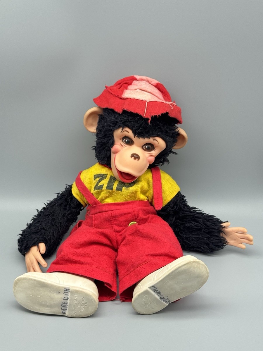 1950s Rushton Zip Monkey Plush Doll Rubber Face Red Suit VTG