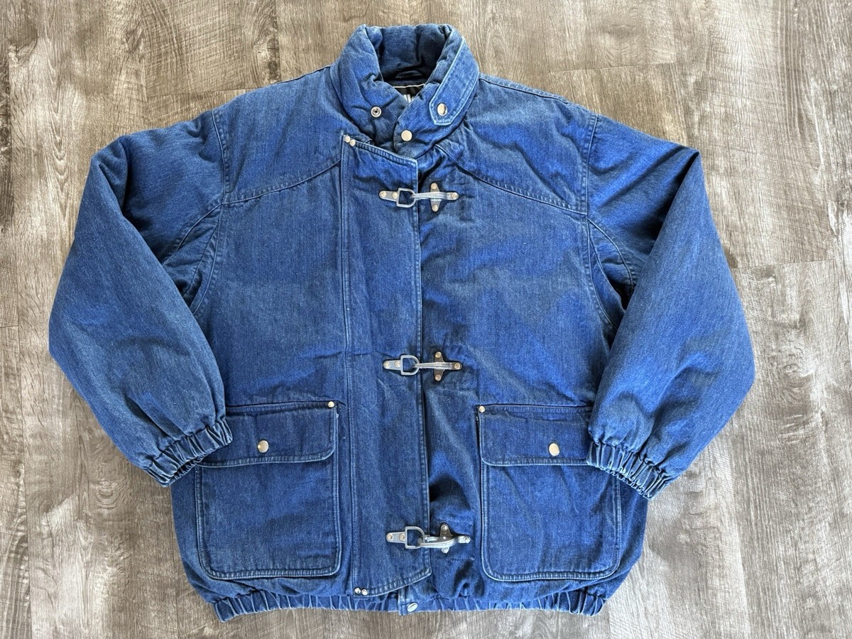 Vintage Gallery Denim Fireman Clasp Puffer Bomber Jacket Down Coat