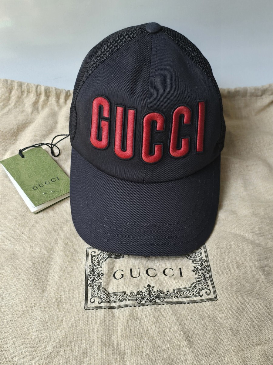 Gucci Black Hat Baseball Cap Size M 58 cm Red Embroidered Logo