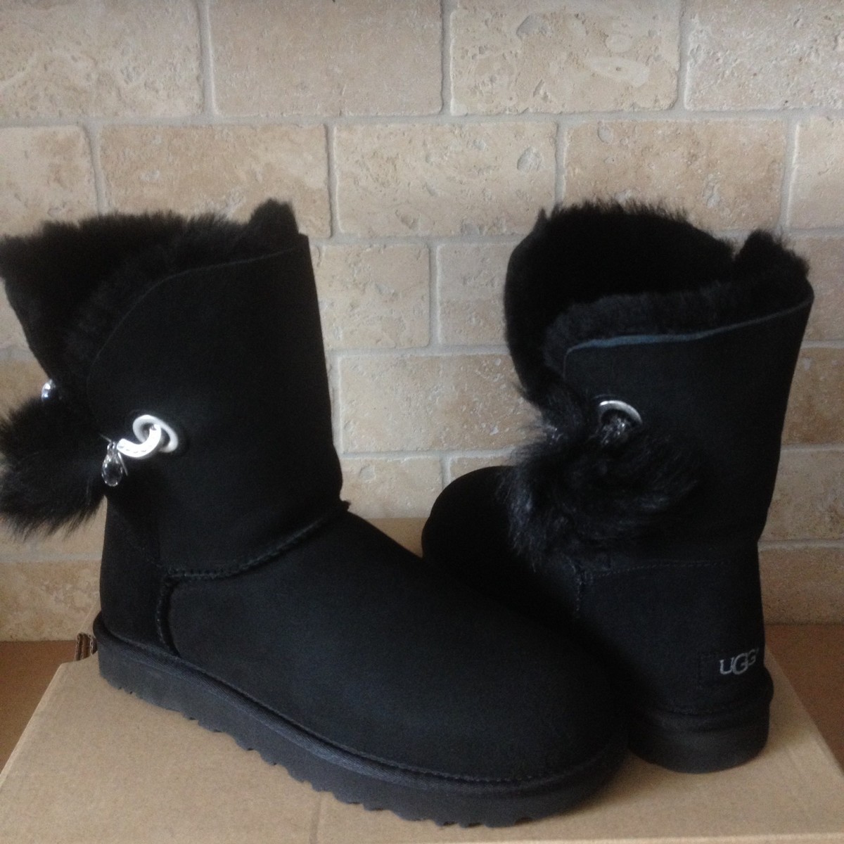UGG Irina Swarovski Crystal Pin Bling Toscana Pom Pom Black Boots