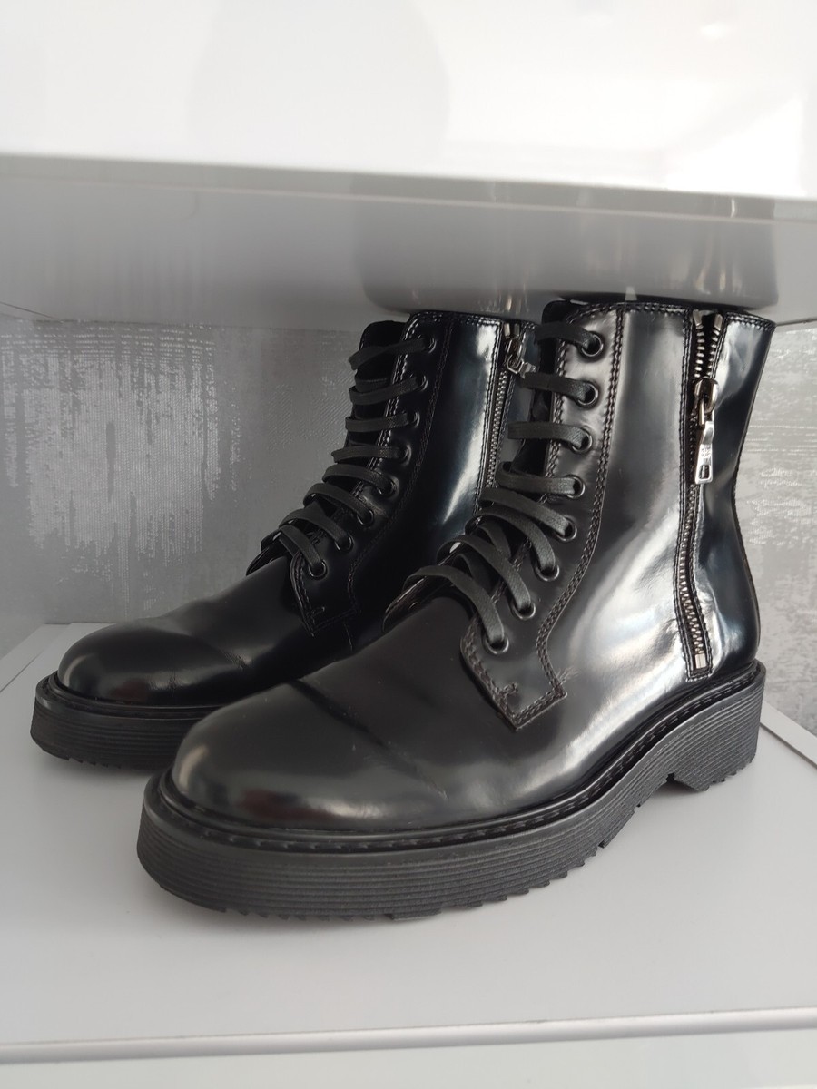 Prada Womens Combat Two Zip Lace Up Ankle Boots Black Patent