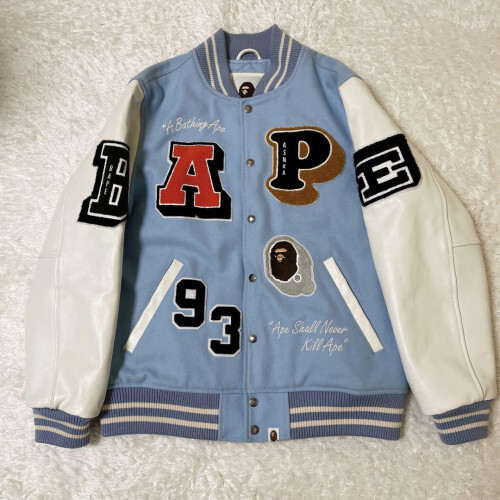 A Bathing Ape 22SS XL Leather Light Blue Crazy Patch Varsity