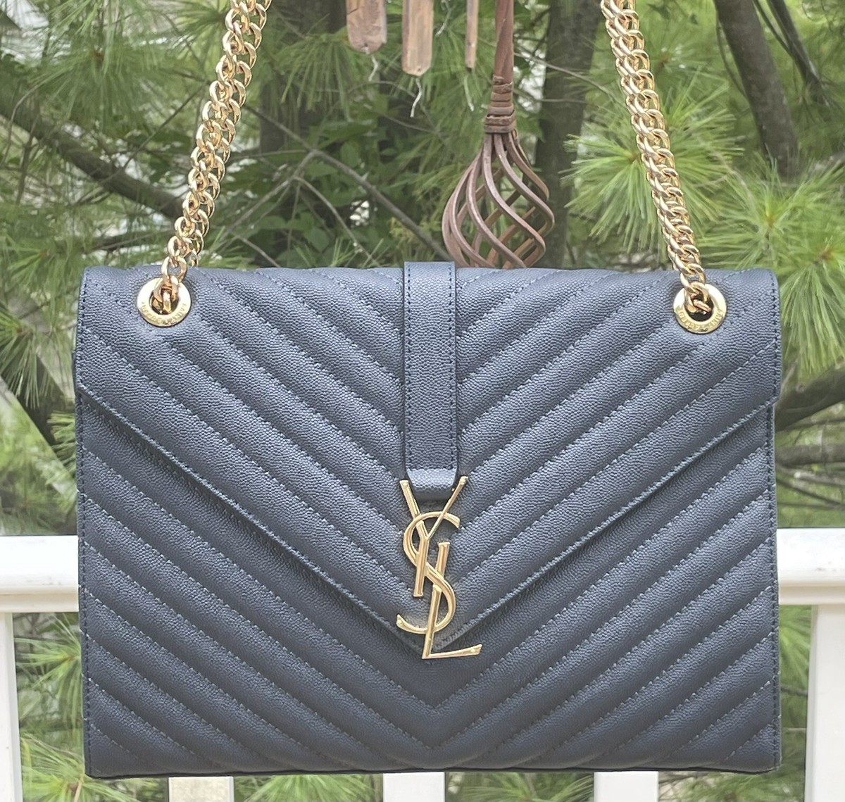 Yves Saint Laurent YSL Large Navy Chevron Quilted Envelope Bag EXC