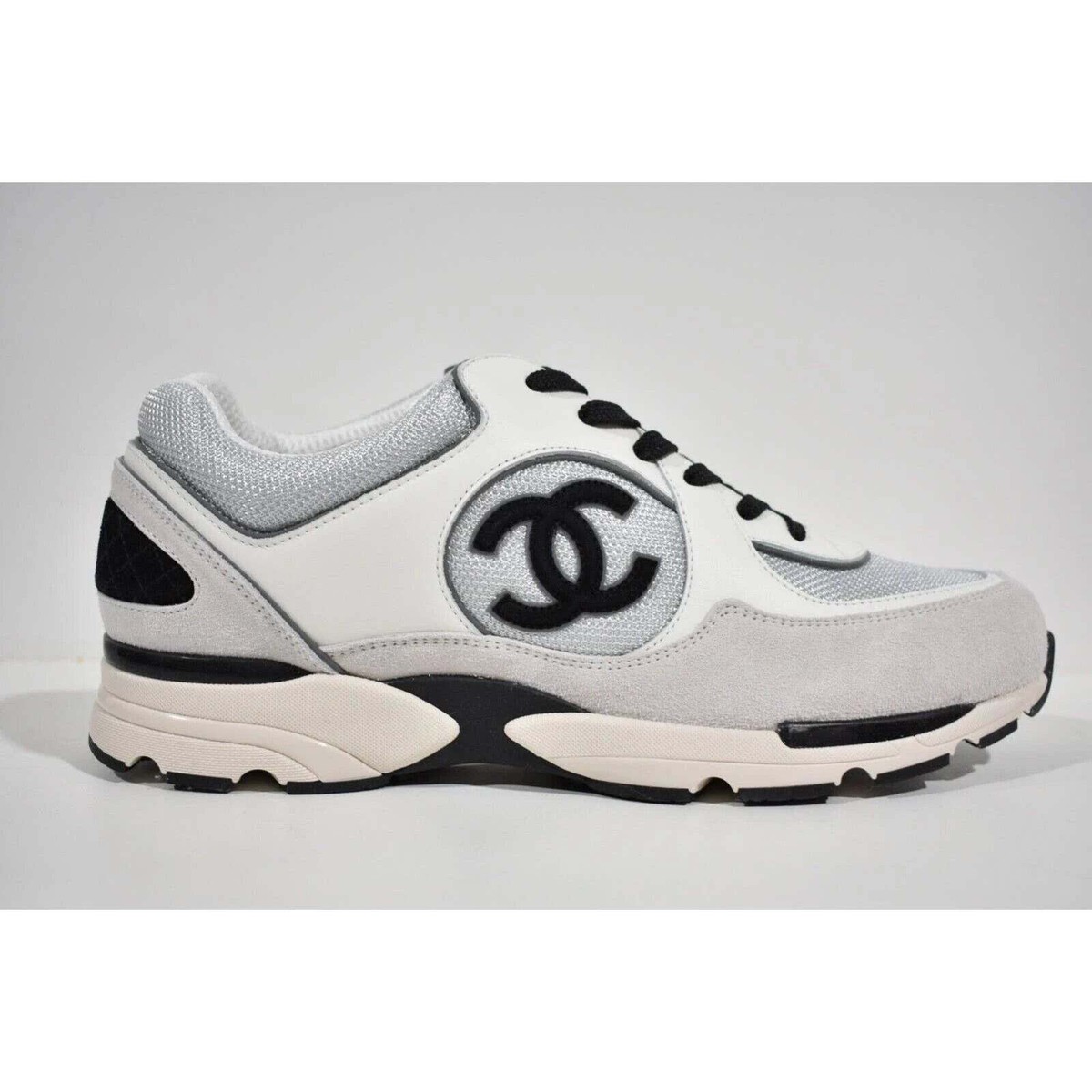 Chanel 22S Mens Silver Grey Black White CC Logo Low Top Trainer