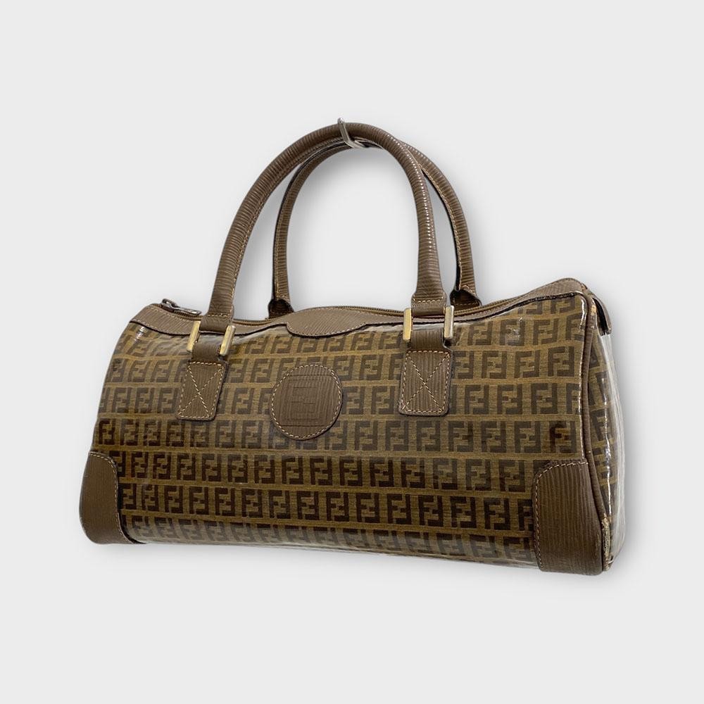 FENDI Hand Bag Tote Purse FF Zucca Patent Leather Brown Authentic