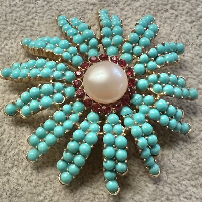 RARE 60'S CROWN TRIFARI TURQUOISE FAUX PEARL RED RHINESTONE
