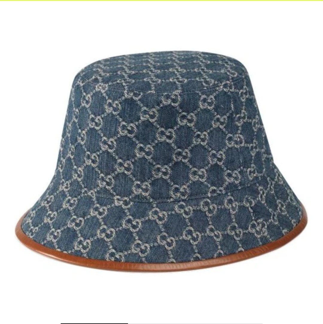 Gucci Bucket Hat Blue Denim Beige GG Monogram Logo Leather Trim Sz