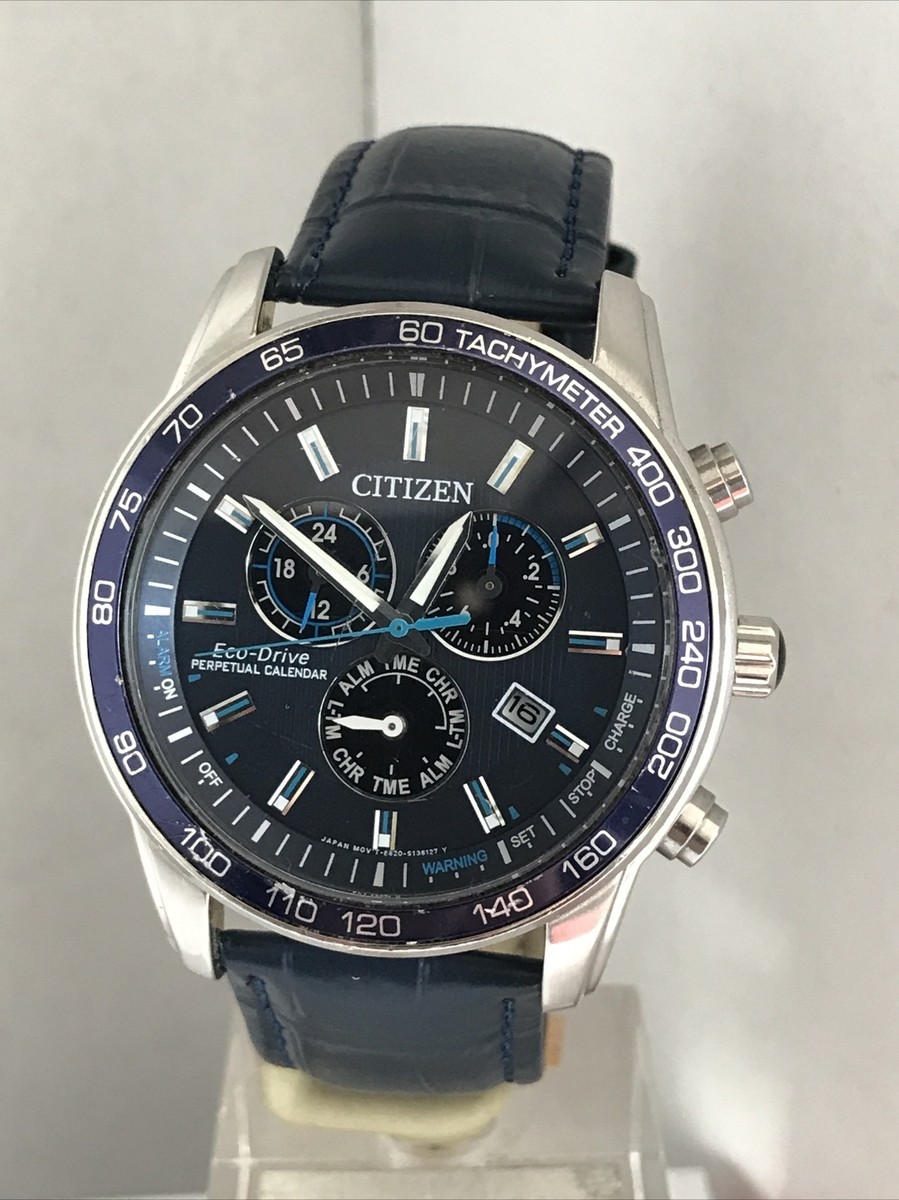 Citizen Men's Eco-Drive Alarm Perpetual Calendar Blue Dial Leather