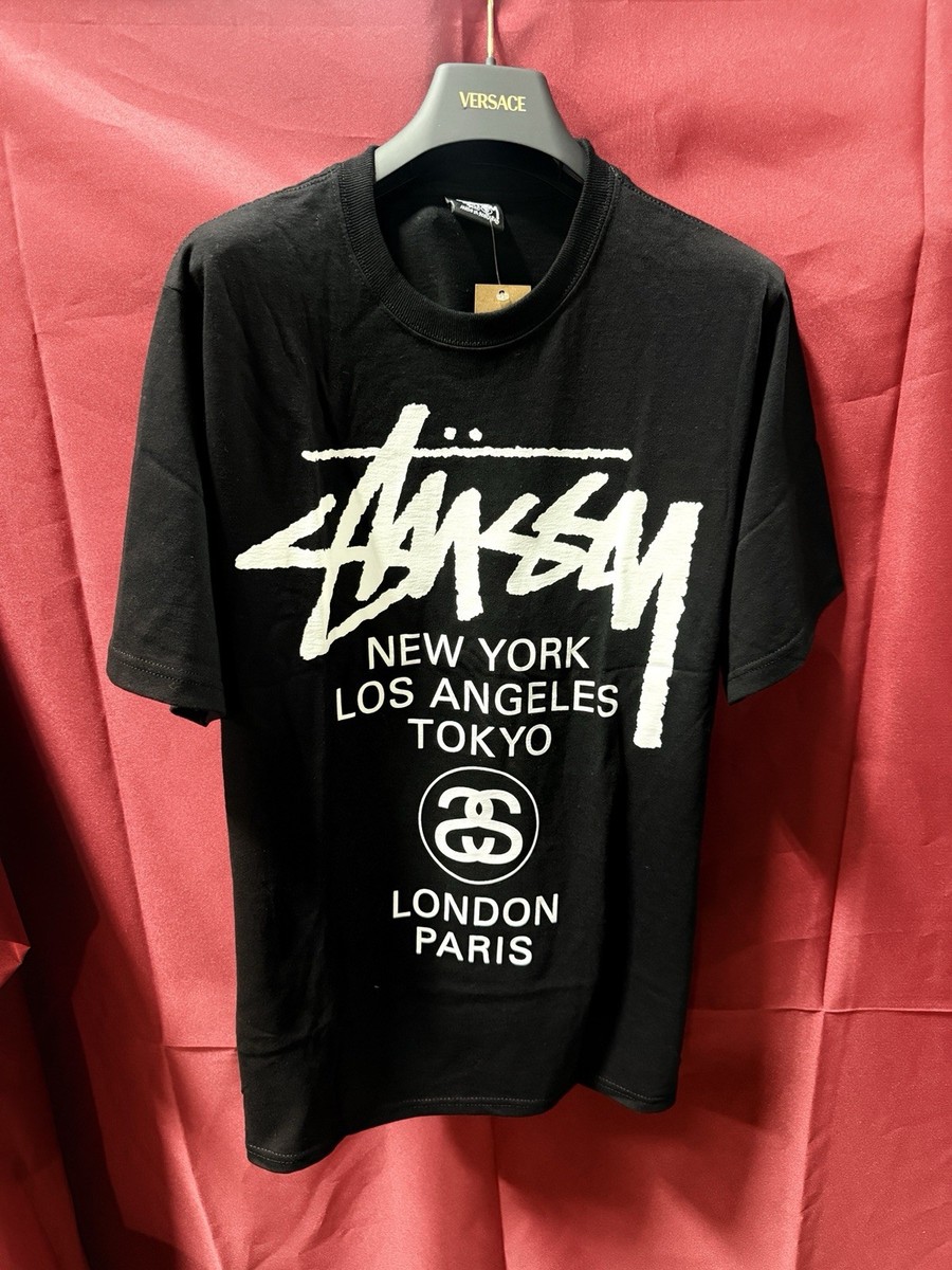 STUSSY World Tour Tee Shirt Black Double Sided Logo 2025 Sz Small
